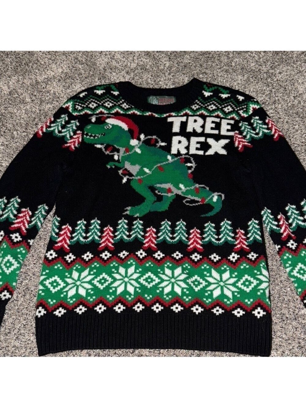 Ugly Christmas Sweater Black and Green Crewneck with Festive Tree Rex